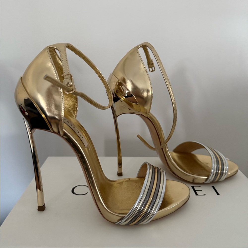 Casadei Gold and SilverTechno Strappy Heels RARE 7.5
